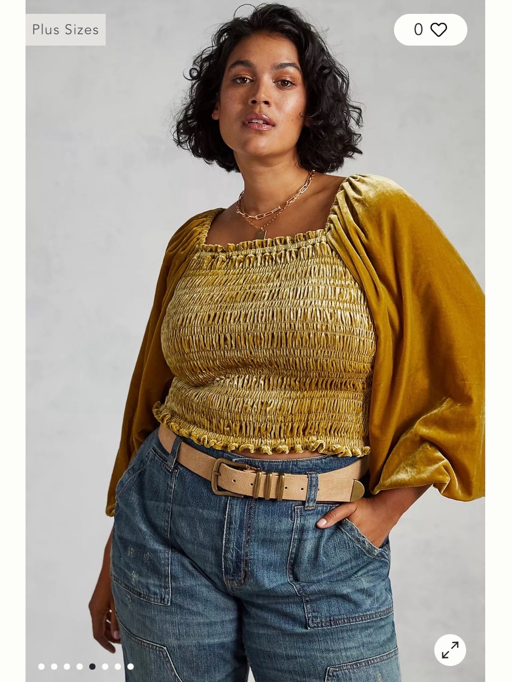 Anthropologie Olive Green Velvet Smocked Crop Top with Puff Sleeves